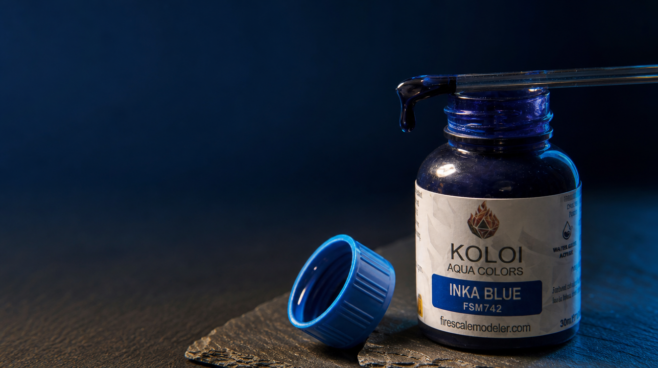 Open Koloi Aqua Colors bottle, Inka Blue, with paint dripping from a mixing rod