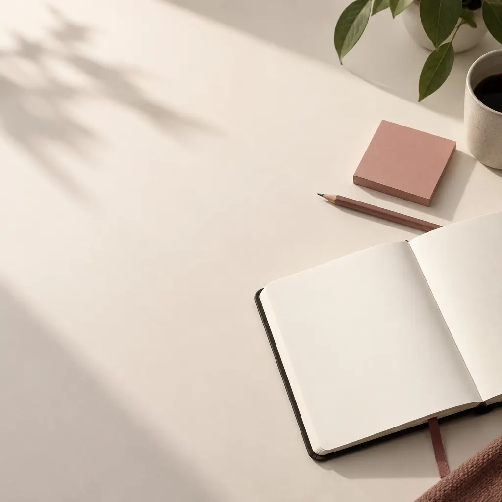 Agenda abierta en páginas en blanco con lápiz y notas adhesivas lisas.