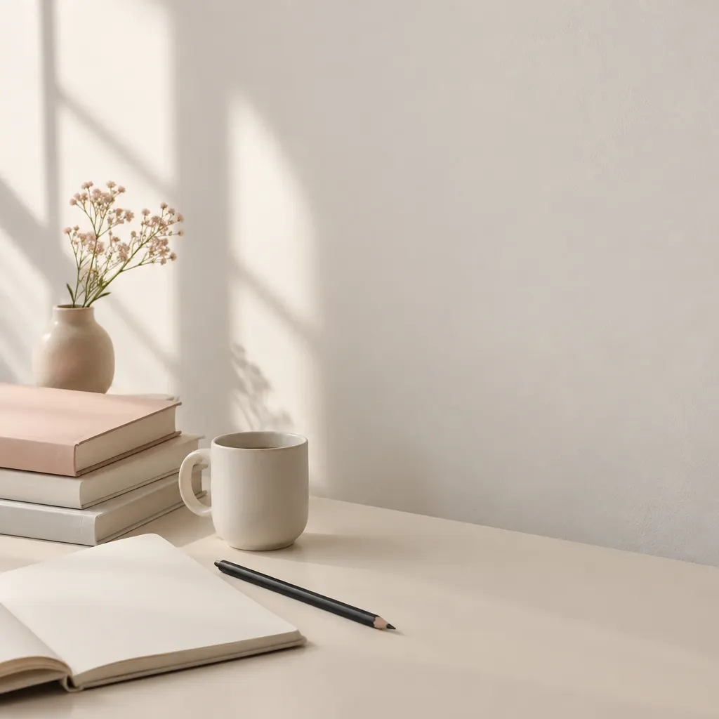 Libros abiertos sin escritura, hojas en blanco, lápiz y taza sobre una mesa clara.
