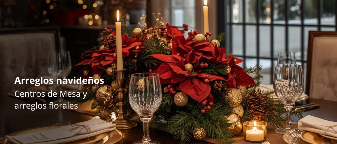 Elegante centro de mesa navideño presentado en una mesa de madera en el comedore de un hogar.