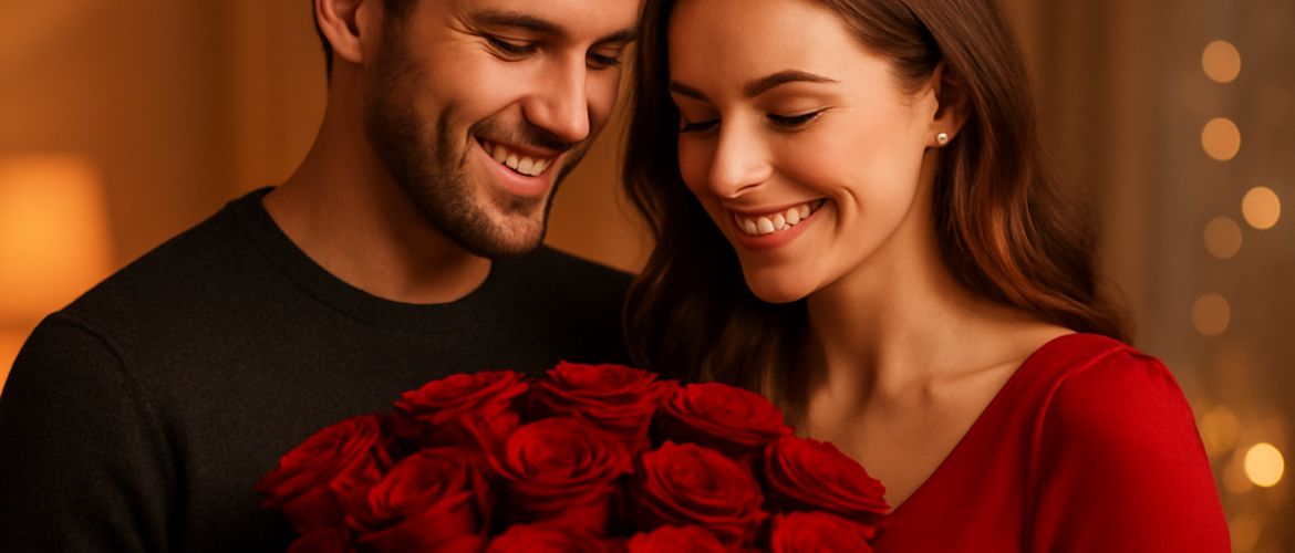 Una pareja junto a un ramo de rosas rojas en el Día de los enamorados - San Valentín - 14 de febrero