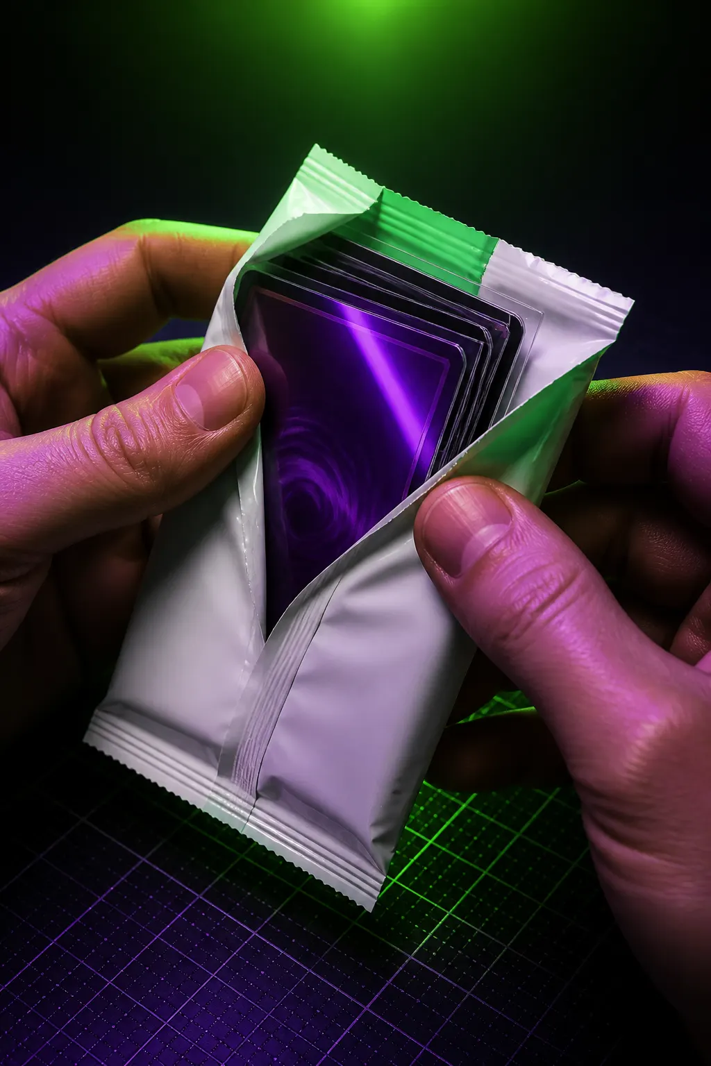Manos abriendo un sobre TCG sin marca y extrayendo cartas sobre una superficie negra técnica.