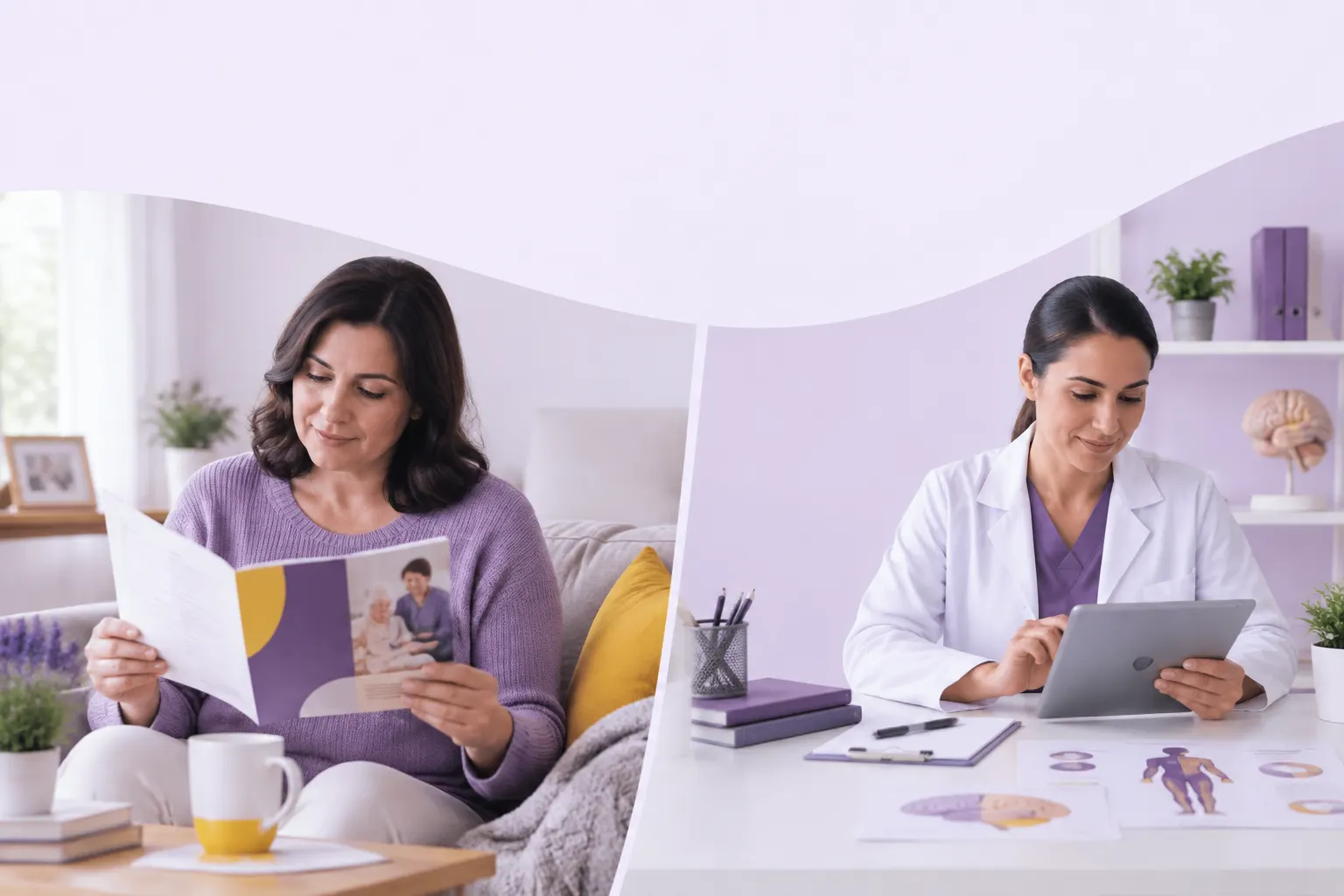Cuidador consulta una guía mientras un escritorio clínico muestra materiales terapéuticos ordenados.
