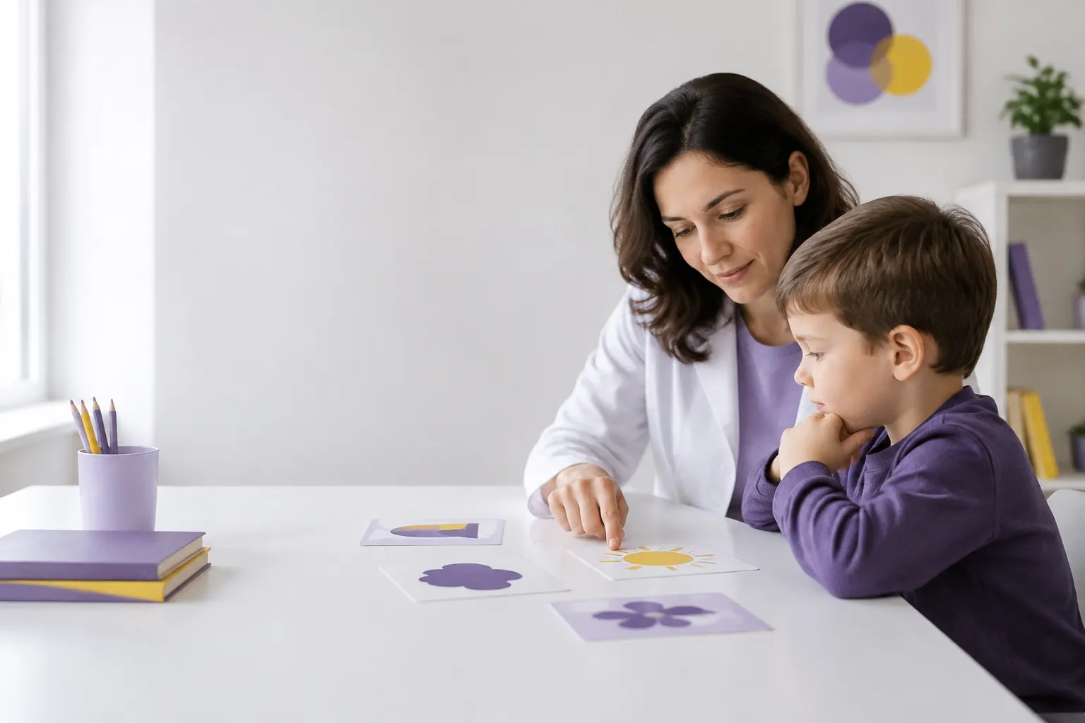 Profesional y niño revisan juntos láminas visuales sobre una mesa blanca.
