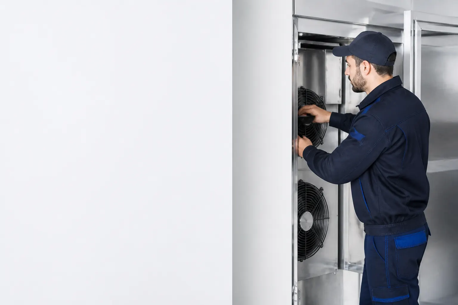 Técnico revisando una unidad de refrigeración comercial en una instalación ordenada y luminosa.