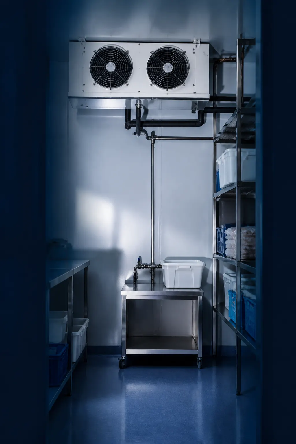 Interior de una instalación de refrigeración comercial con evaporador y tuberías visibles.