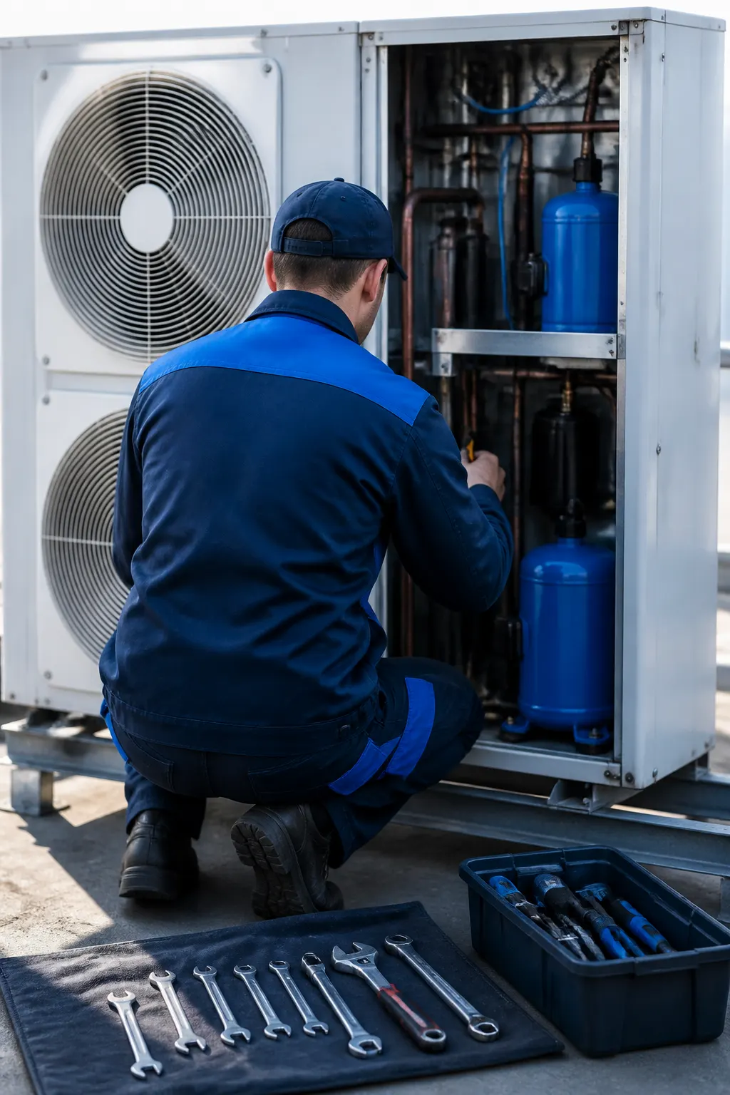 Técnico realizando mantenimiento en una unidad de refrigeración con herramientas ordenadas.