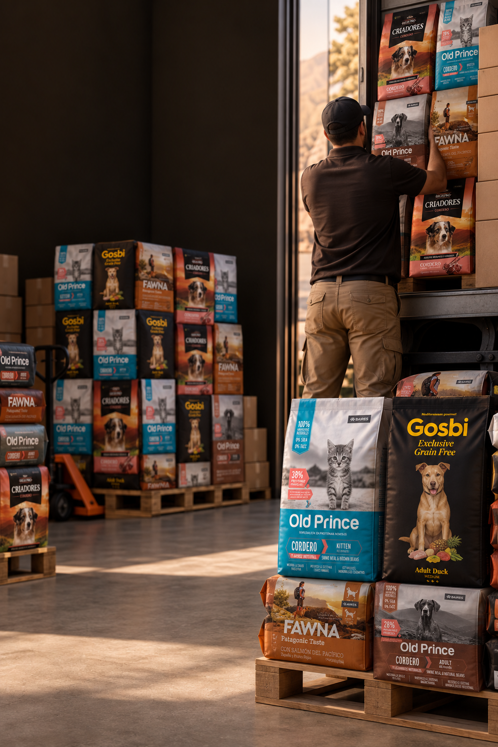 Despacho de alimento premium para perros y gatos en una bodega de distribución
