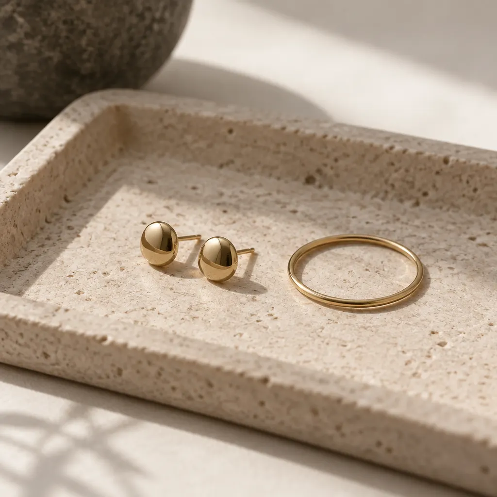 Pendientes pequeños y un anillo fino de oro sobre una bandeja clara.
