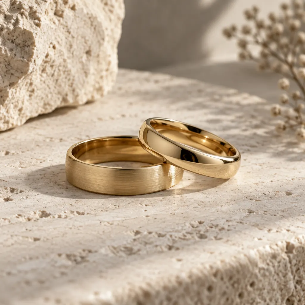 Dos alianzas de oro con acabados distintos sobre piedra clara.