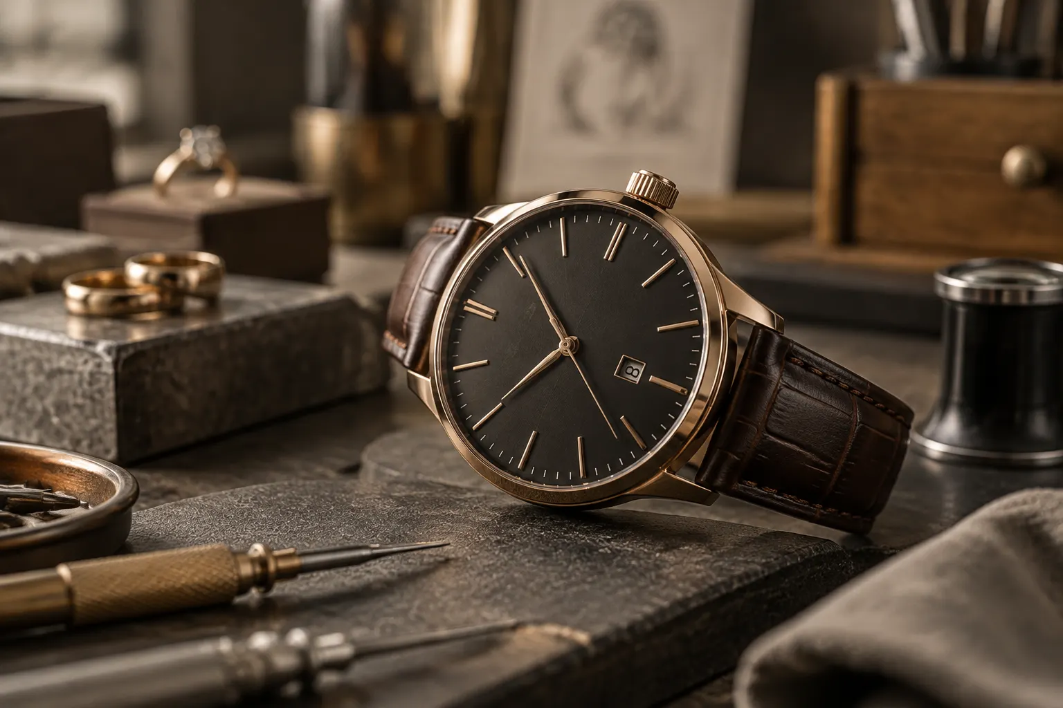 Reloj de pulsera moderno en primer plano, con un acabado cuidado y una atmósfera elegante de taller.