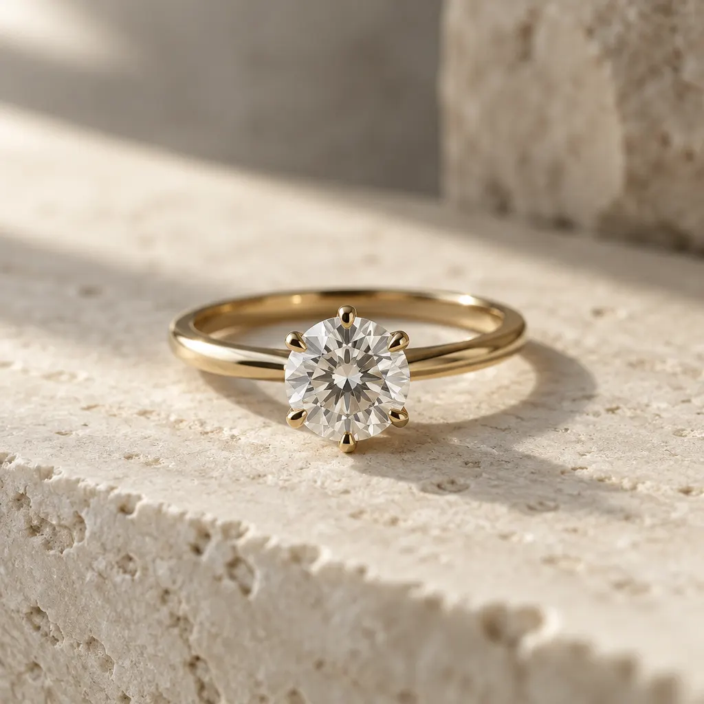 Anillo de compromiso dorado con piedra clara sobre piedra marfil.