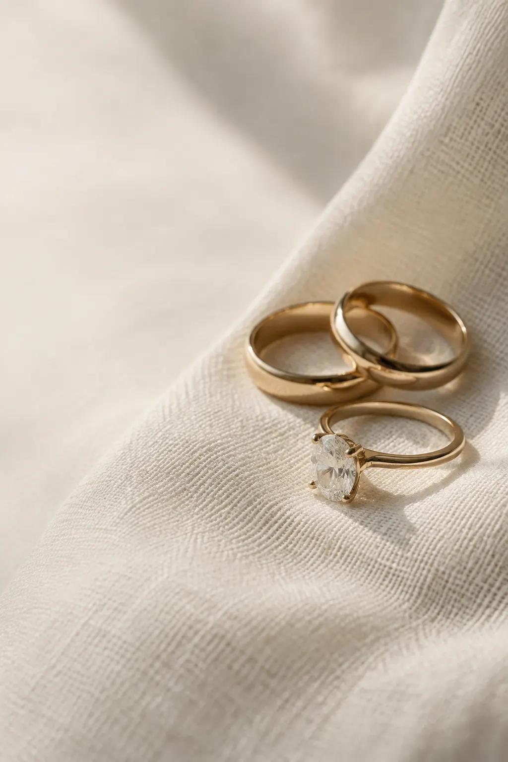 Alianzas doradas junto a un anillo de compromiso sobre una tela clara.