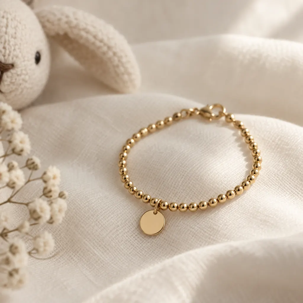 Pulsera infantil delicada con medallita lisa sobre algodón claro.