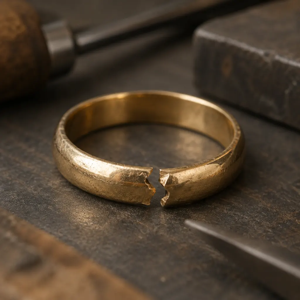 Fotografía de un anillo roto antes de la reparación, con el daño claramente visible.