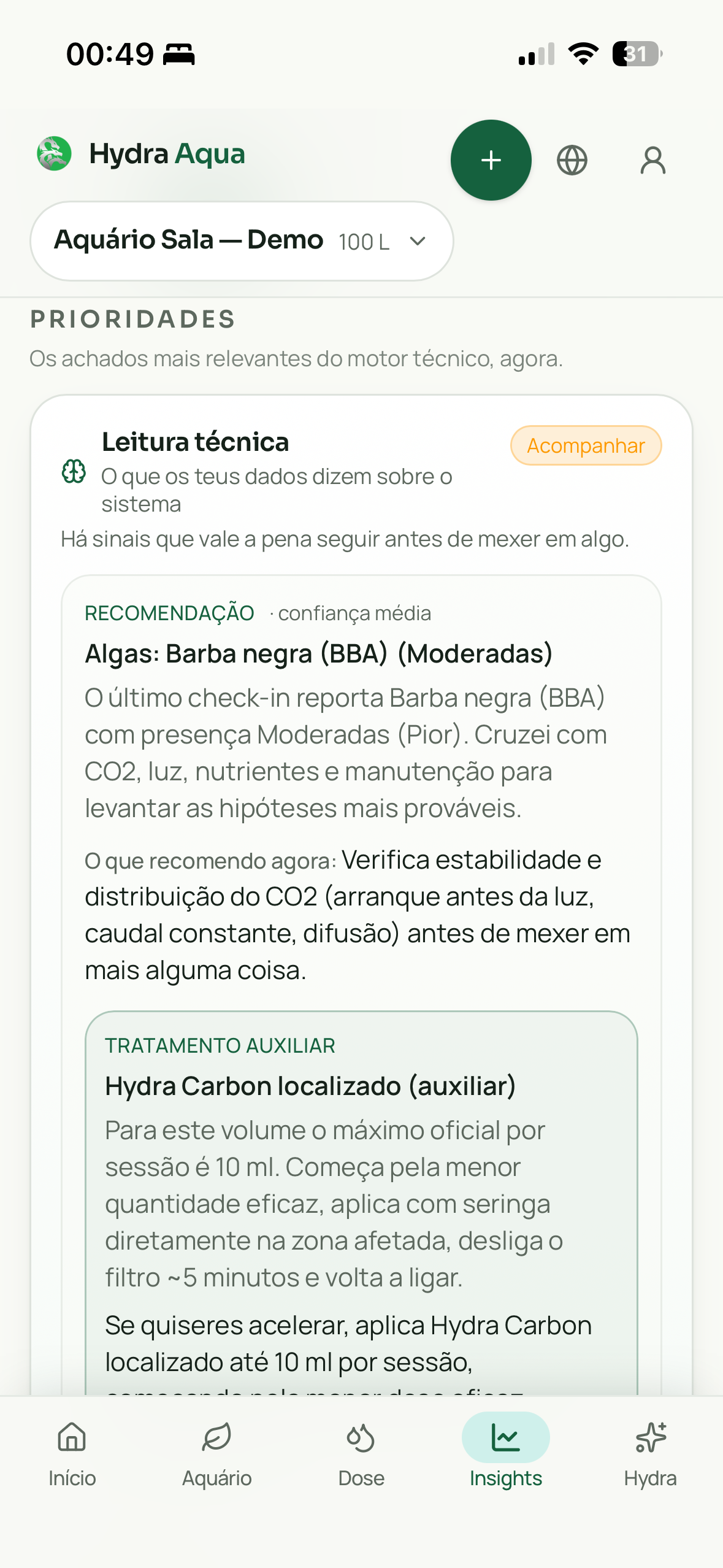 Ecrã Insights da Hydra Aqua