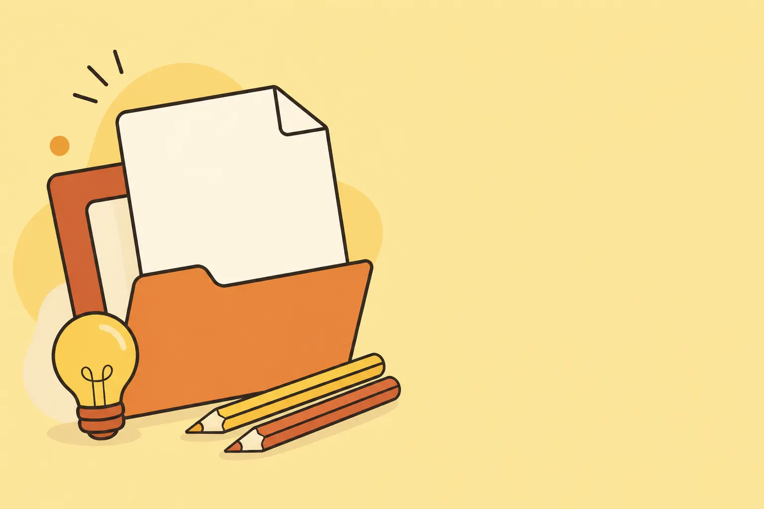 Ilustración vectorial de una carpeta abierta con una hoja, lápices y una pequeña ampolleta sobre fondo amarillo suave.