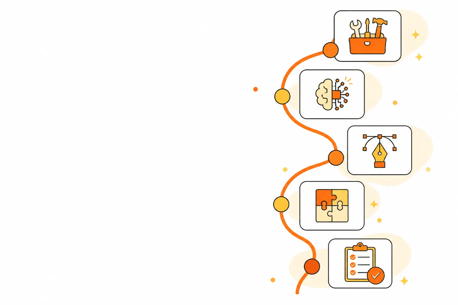 Ilustración vectorial de una ruta de aprendizaje con cinco estaciones, tarjetas educativas e íconos simples conectados por una línea naranja.