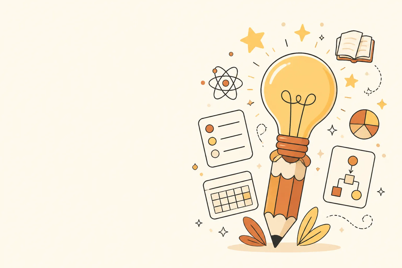 Ilustración vectorial de una ampolleta que nace de un lápiz, rodeada de tarjetas de planificación, estrellas y símbolos educativos.