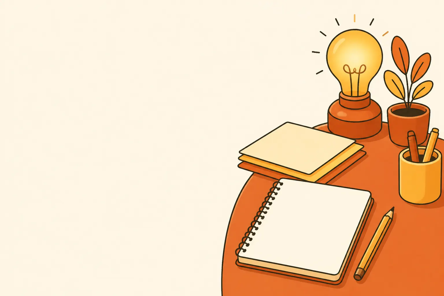 Ilustración vectorial cálida de un escritorio docente con libreta, lápiz, notas de planificación y una ampolleta encendida.