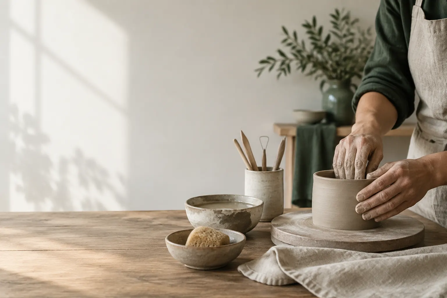 Mãos a moldar uma peça de cerâmica artesanal sobre uma mesa de madeira clara.