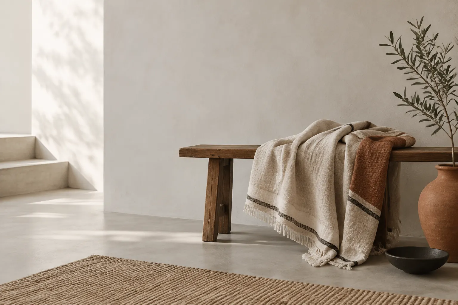 Manta de tejido natural extendida sobre un banco en una habitación luminosa.