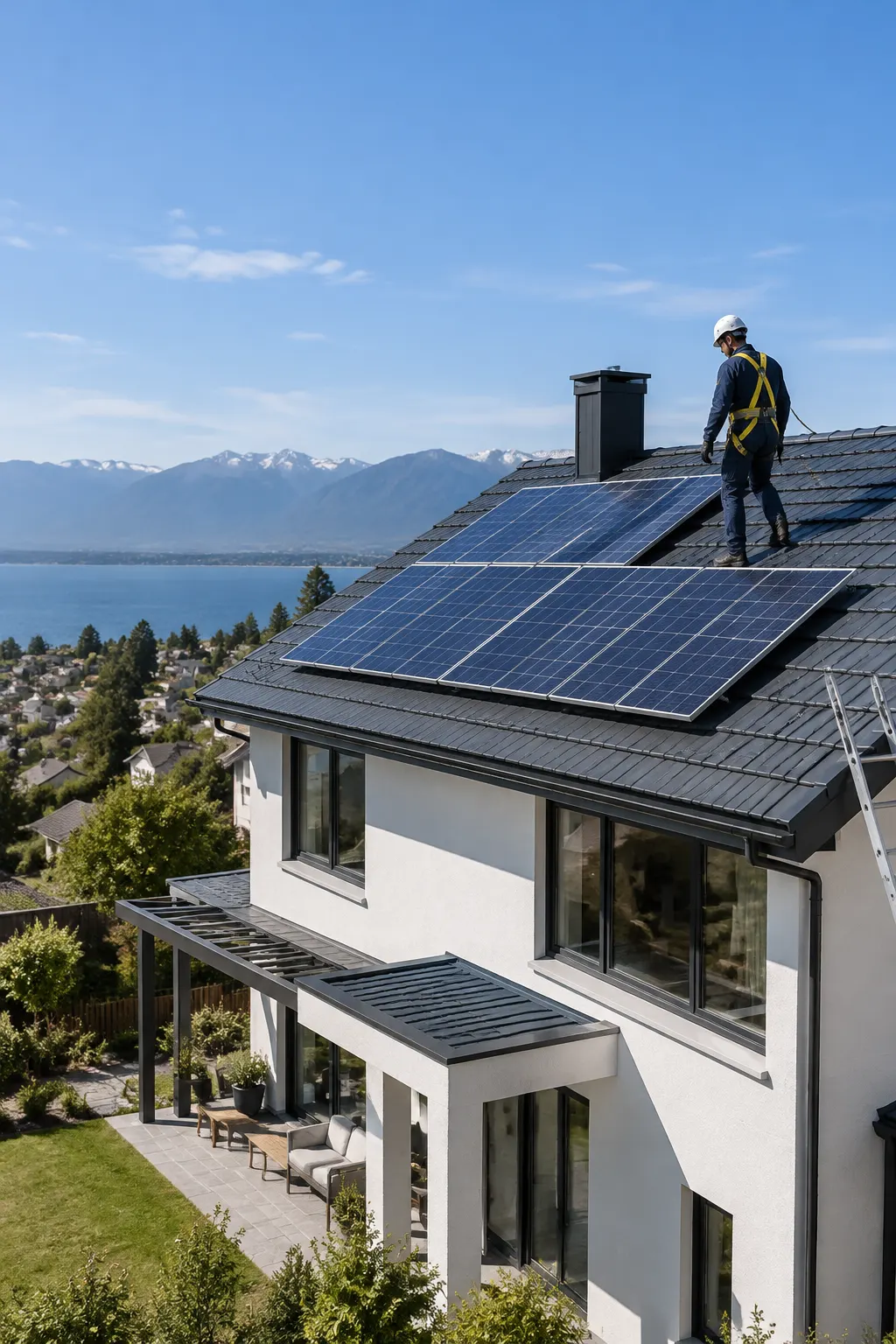 Técnico con equipo de seguridad revisa la techumbre de una vivienda residencial con paneles solares.