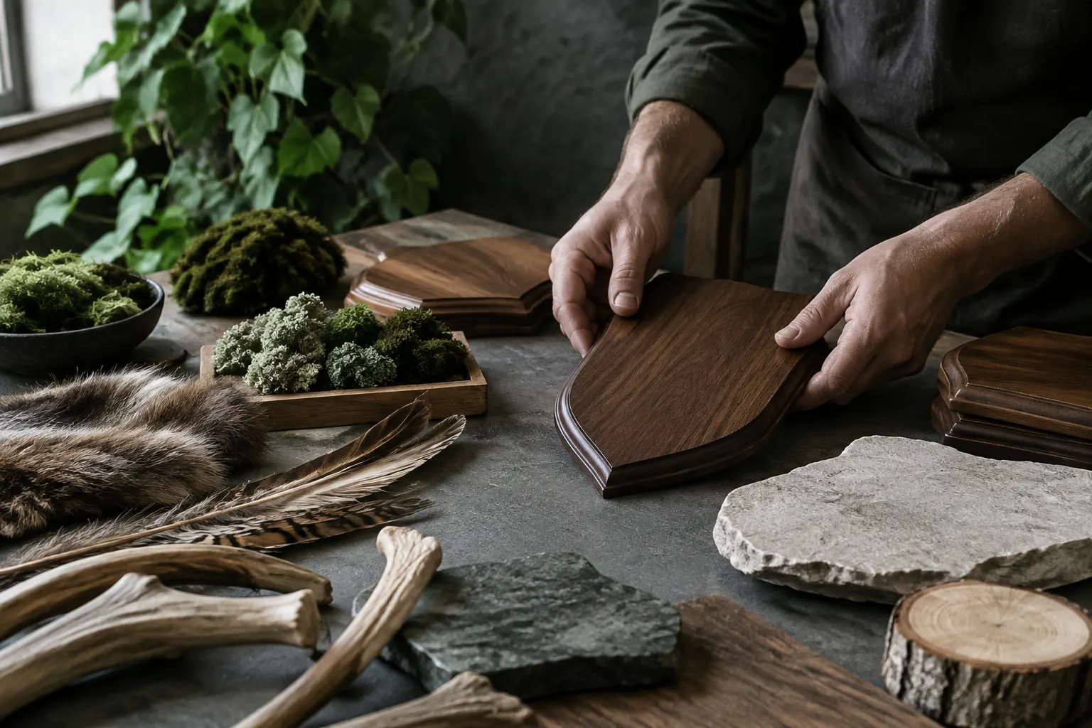 Manos ordenan placas lisas y soportes de taller sobre una mesa.