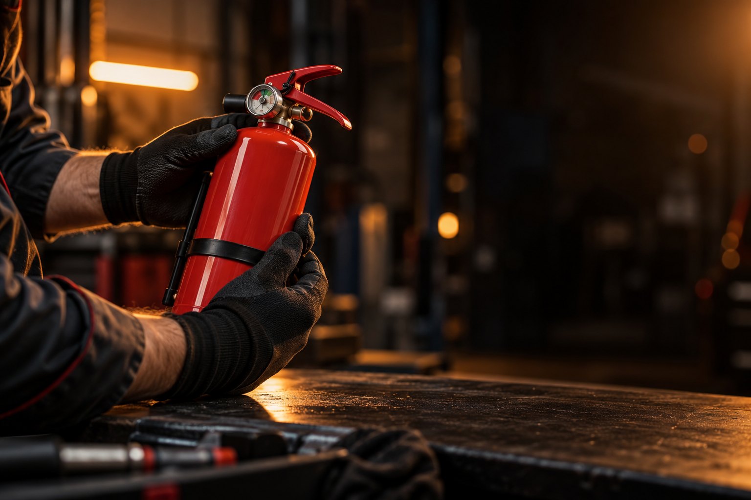 Técnico con guantes revisando un extintor de auto en el taller