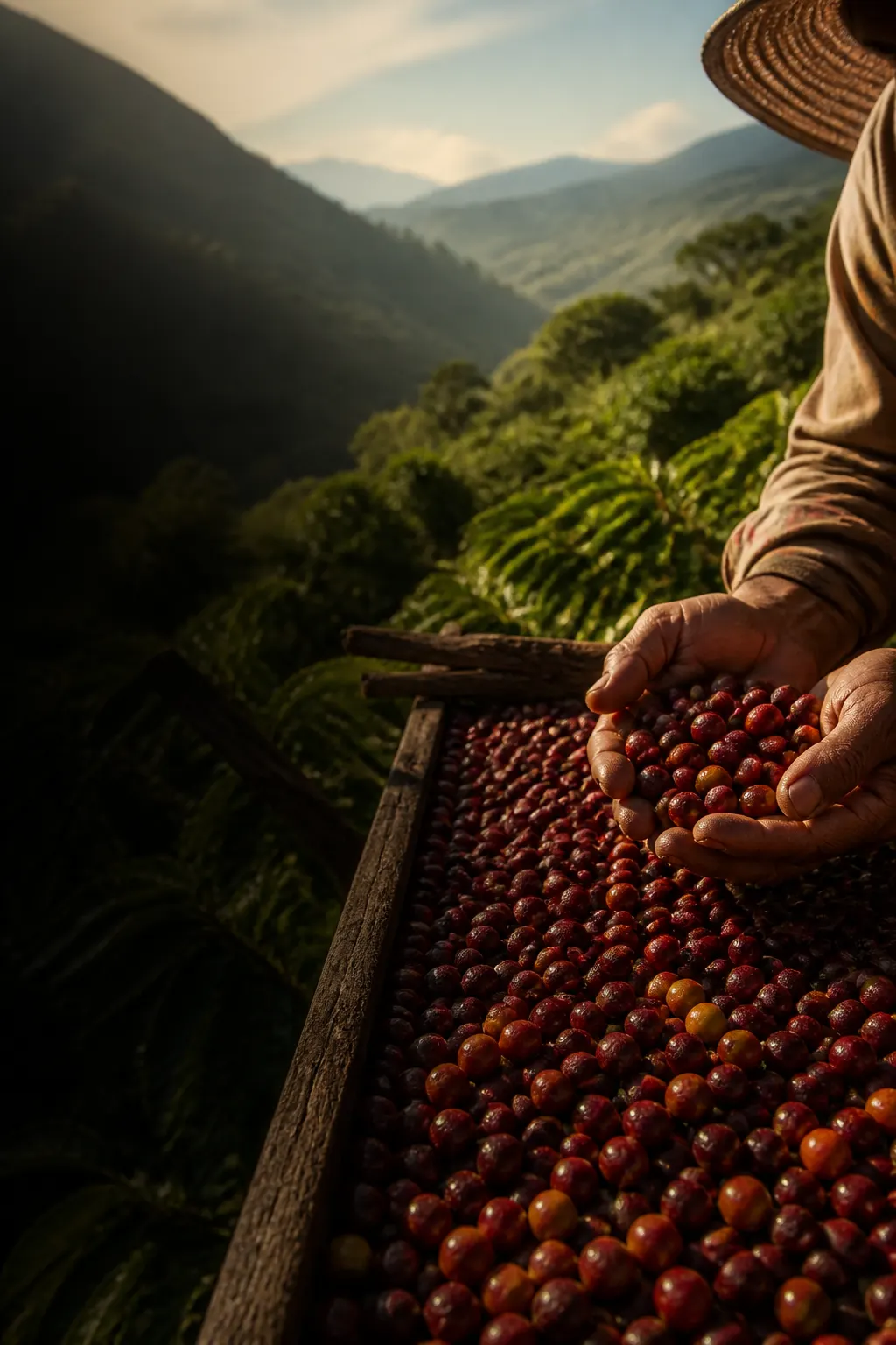 Cerezas de café extendidas sobre una superficie de secado junto a paisaje montañoso cafetero.
