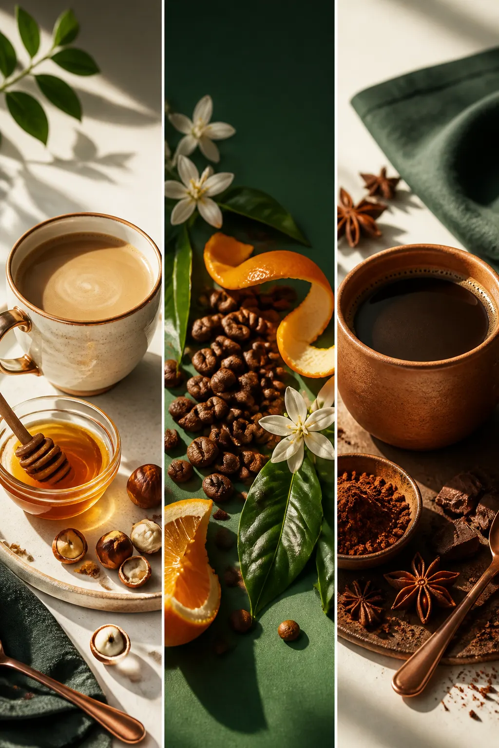 Tres paneles verticales con taza de café suave, cítricos junto a granos y café intenso con cacao y especias.