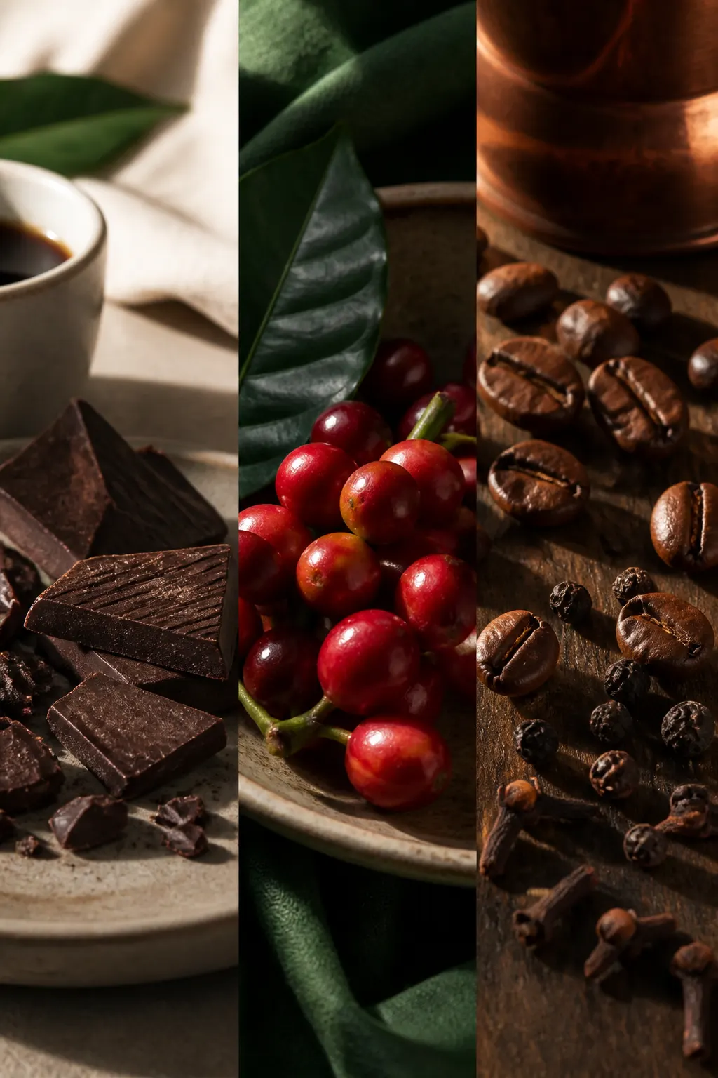 Tres paneles verticales con chocolate y café, cerezas de café brillantes y granos con especias cálidas.