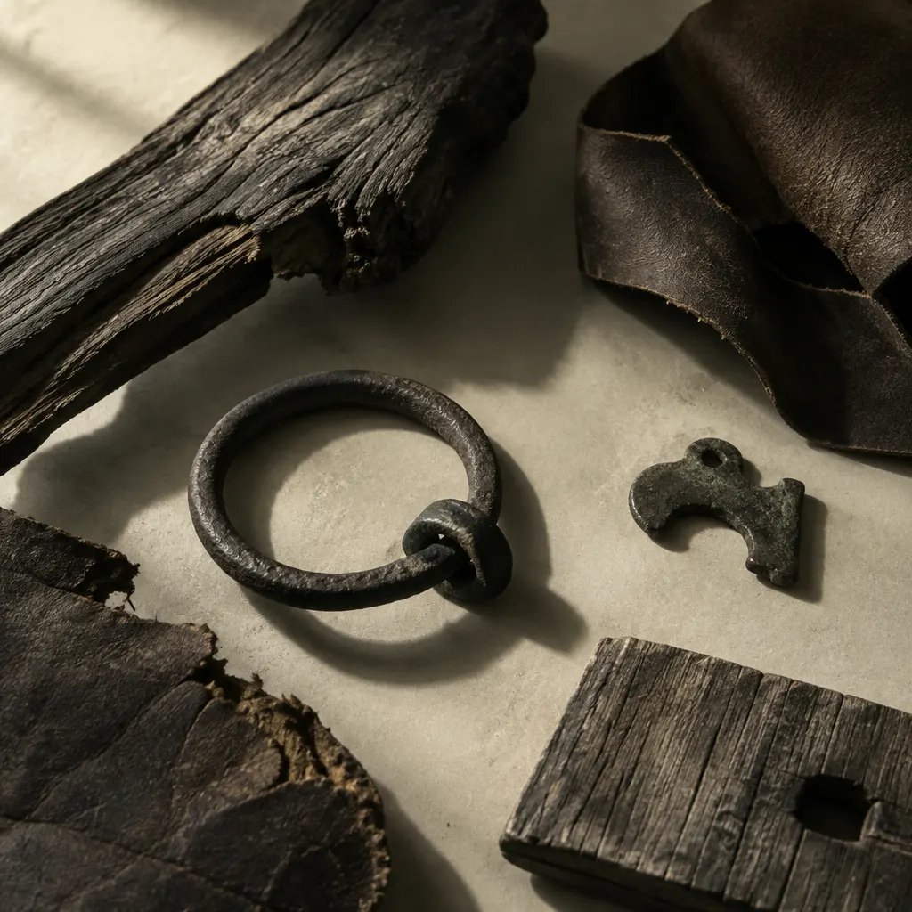 Materiales envejecidos de madera, cuero y metal dispuestos sobre una superficie clara.