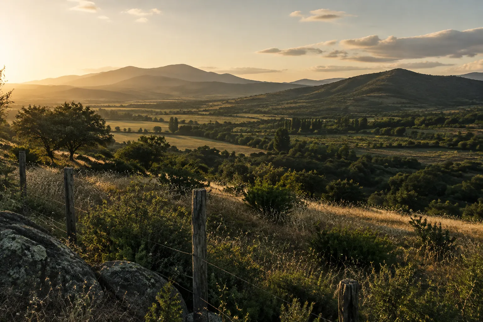Lomas y campos rurales de O’Higgins bajo luz cálida de tarde.