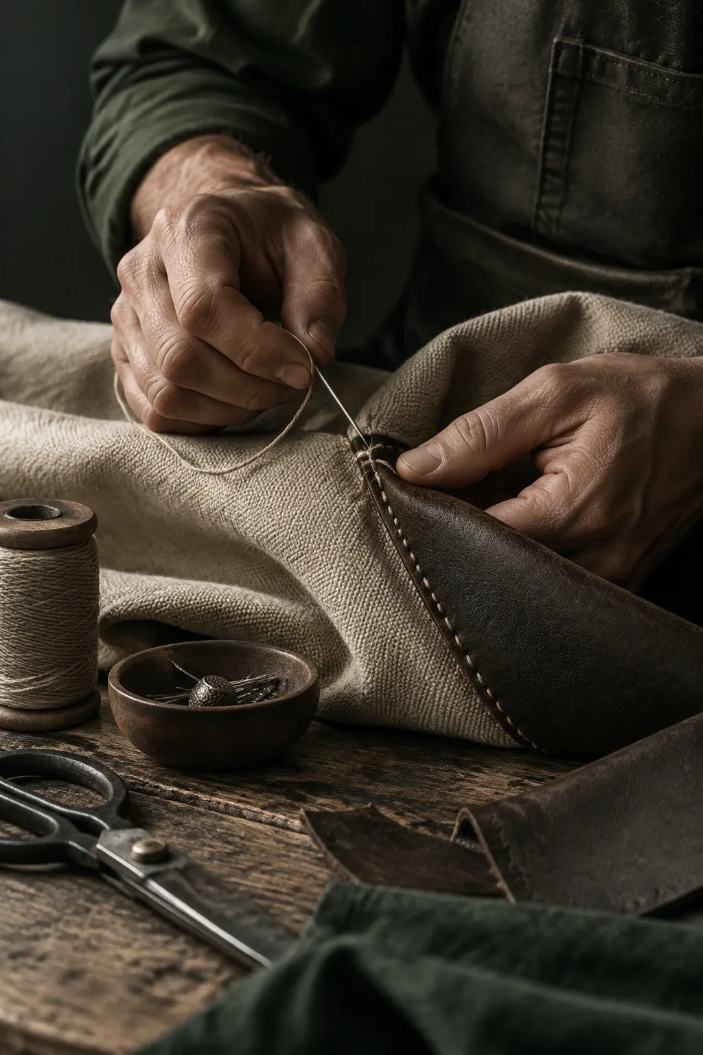 Manos cosen una tela gruesa junto a cuero y herramientas de trabajo.