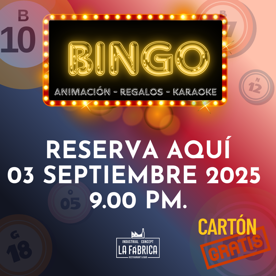 BINGO RESERVA MESA MIÉRCOLES 3 SEPTIEMBRE 9.00 PM. 