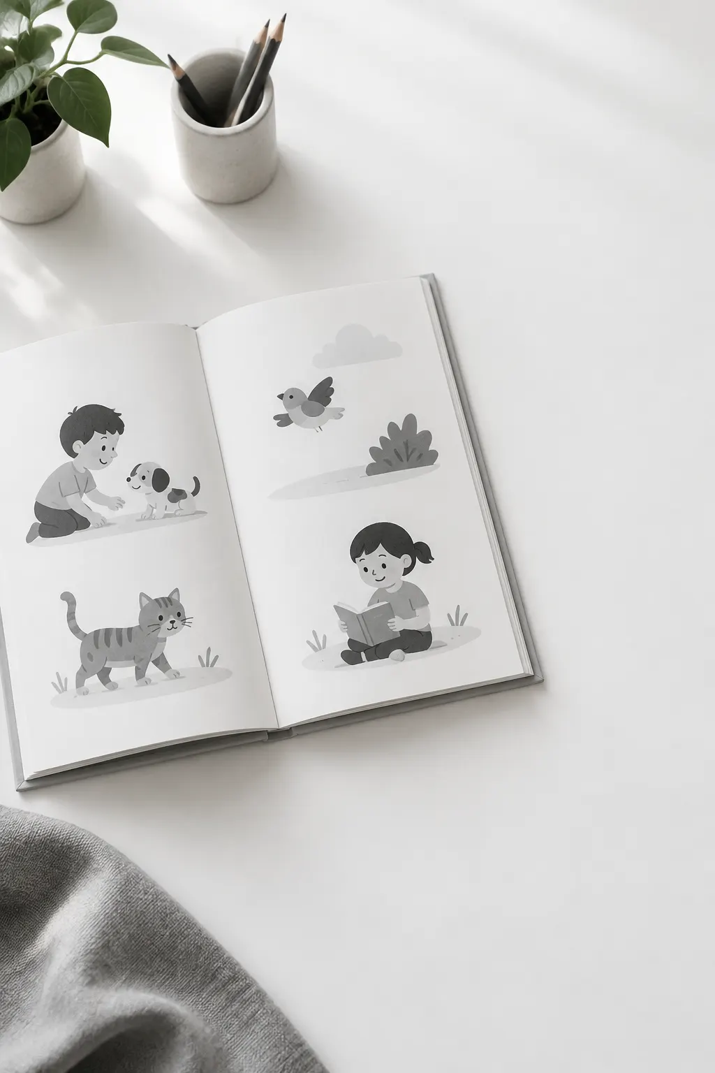 An open beginner reader with simple illustrations lies on a bright white desk.