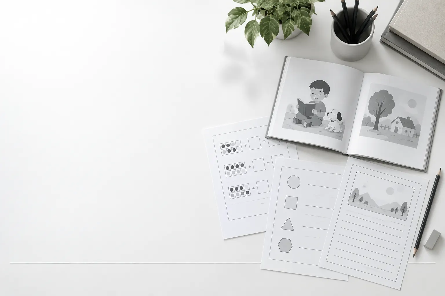 Printed practice pages and an open beginner reader arranged neatly on a white desk beside a graphite pencil.