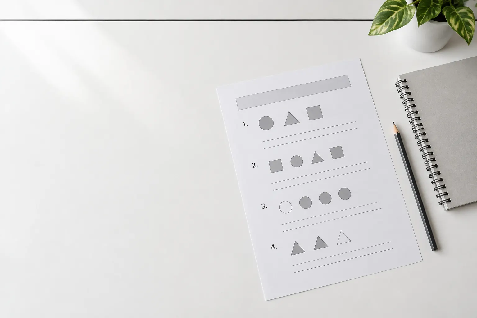 A printed practice worksheet rests beside a graphite pencil and plain notebook on a white desk.