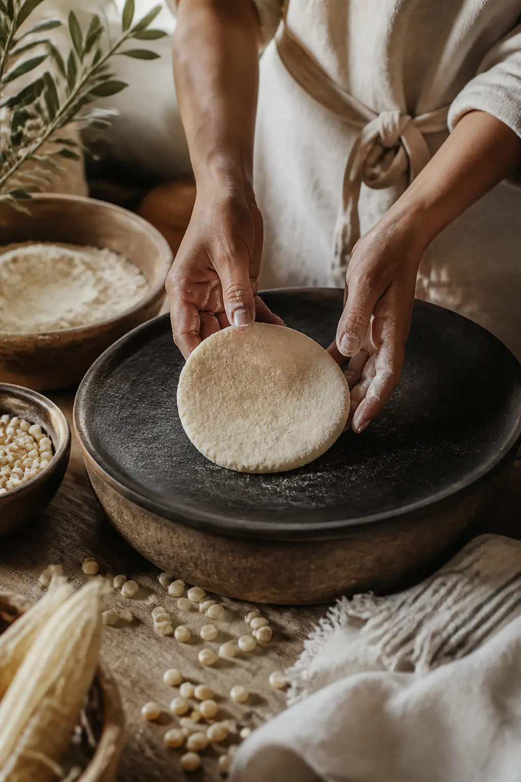 Manos preparando masa de maíz y una arepa sobre un comal, con ingredientes artesanales alrededor.