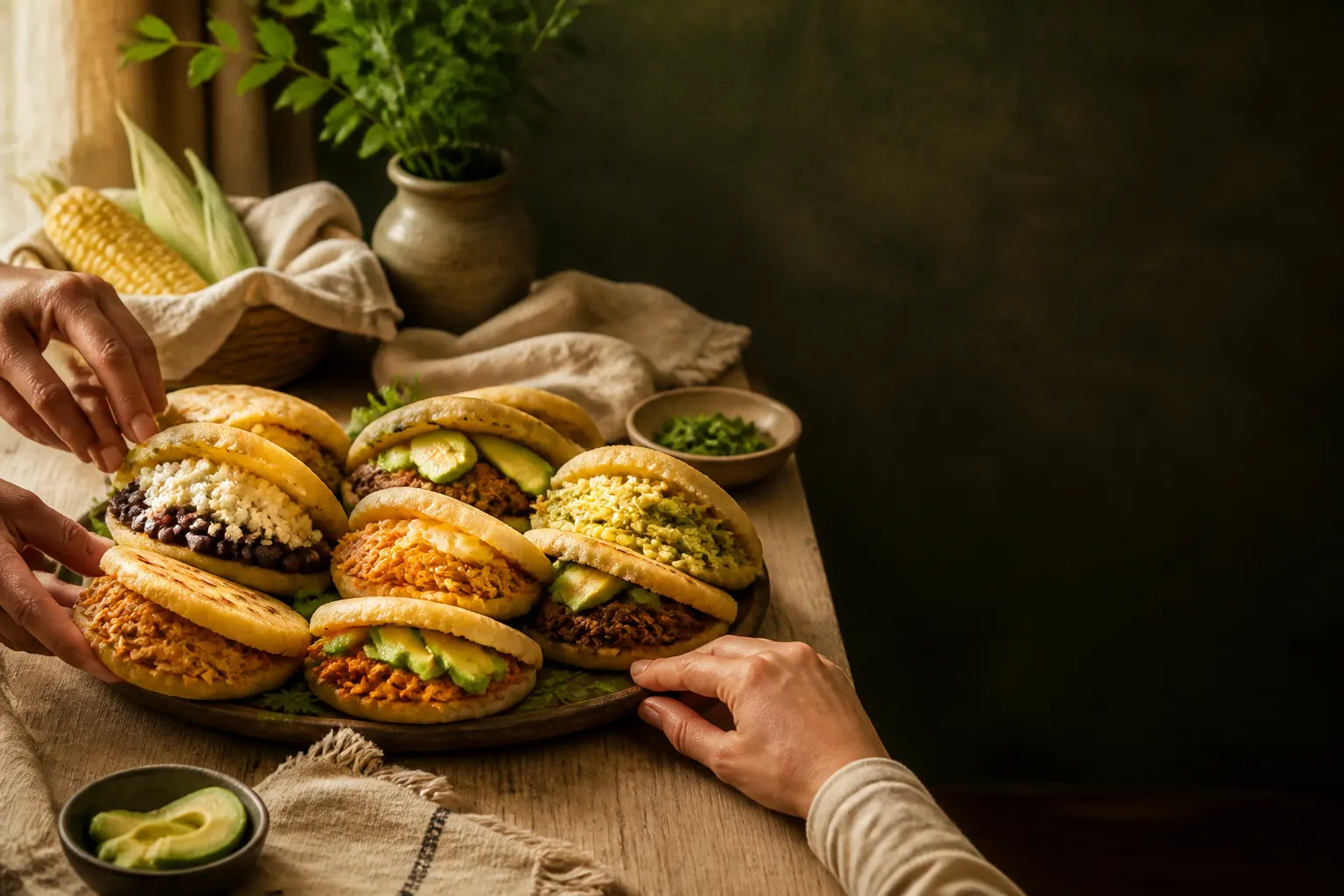 Varias arepas rellenas servidas al centro de una mesa, listas para compartir.