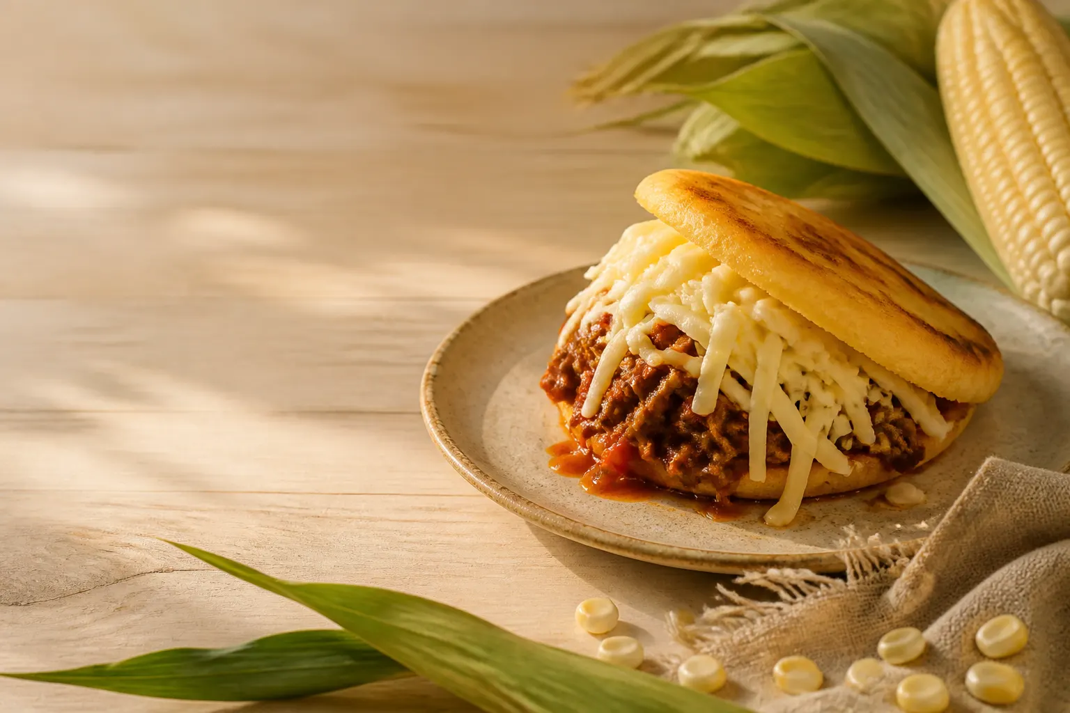 Arepa dorada abierta con relleno abundante sobre una mesa de madera clara, acompañada de granos de maíz.