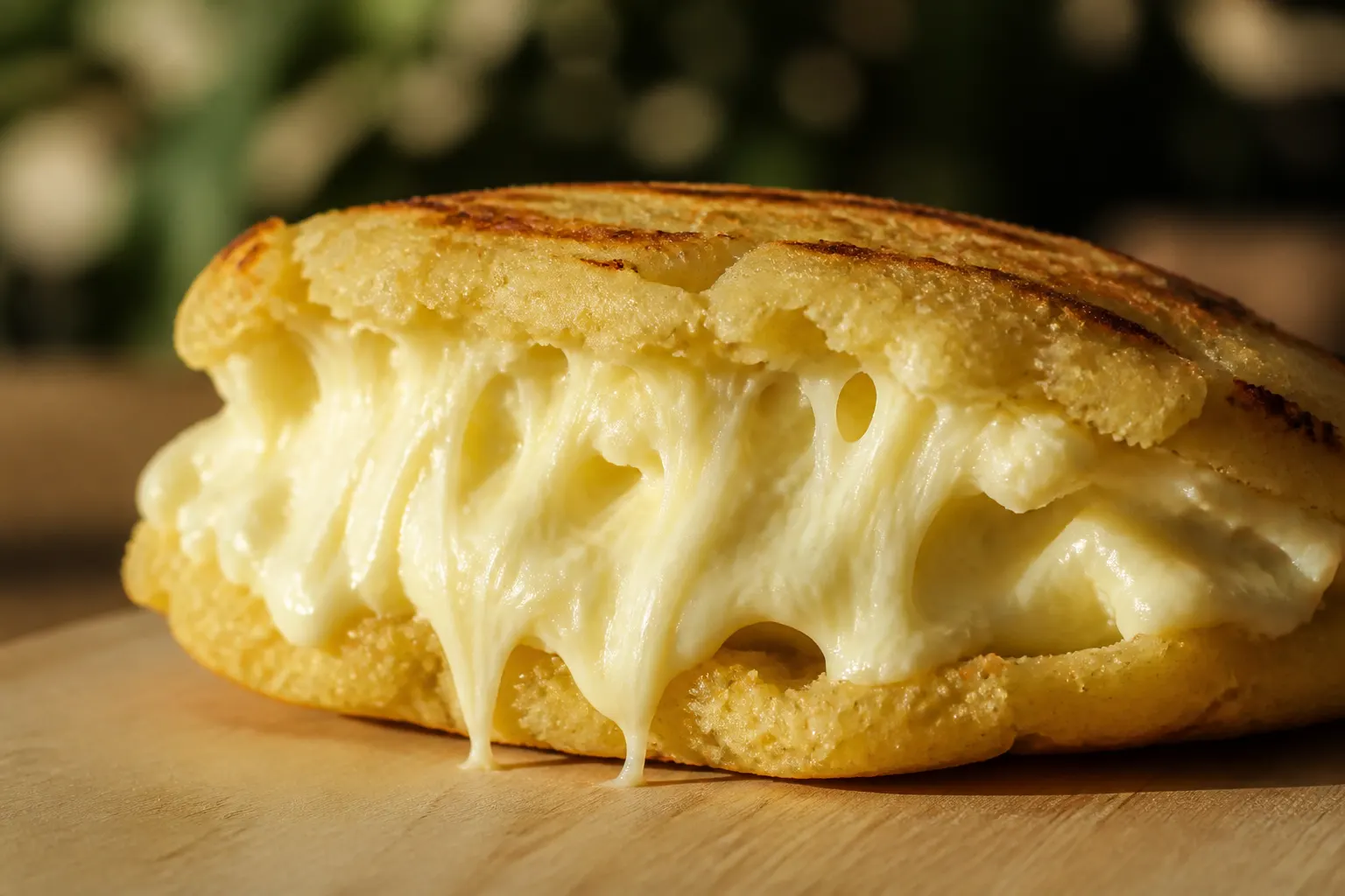 Queso derretido extendiéndose desde una arepa dorada recién abierta.