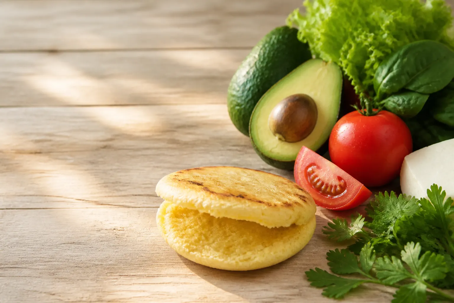 Arepa abierta acompañada de aguacate, tomate y hojas verdes frescas sobre madera clara.