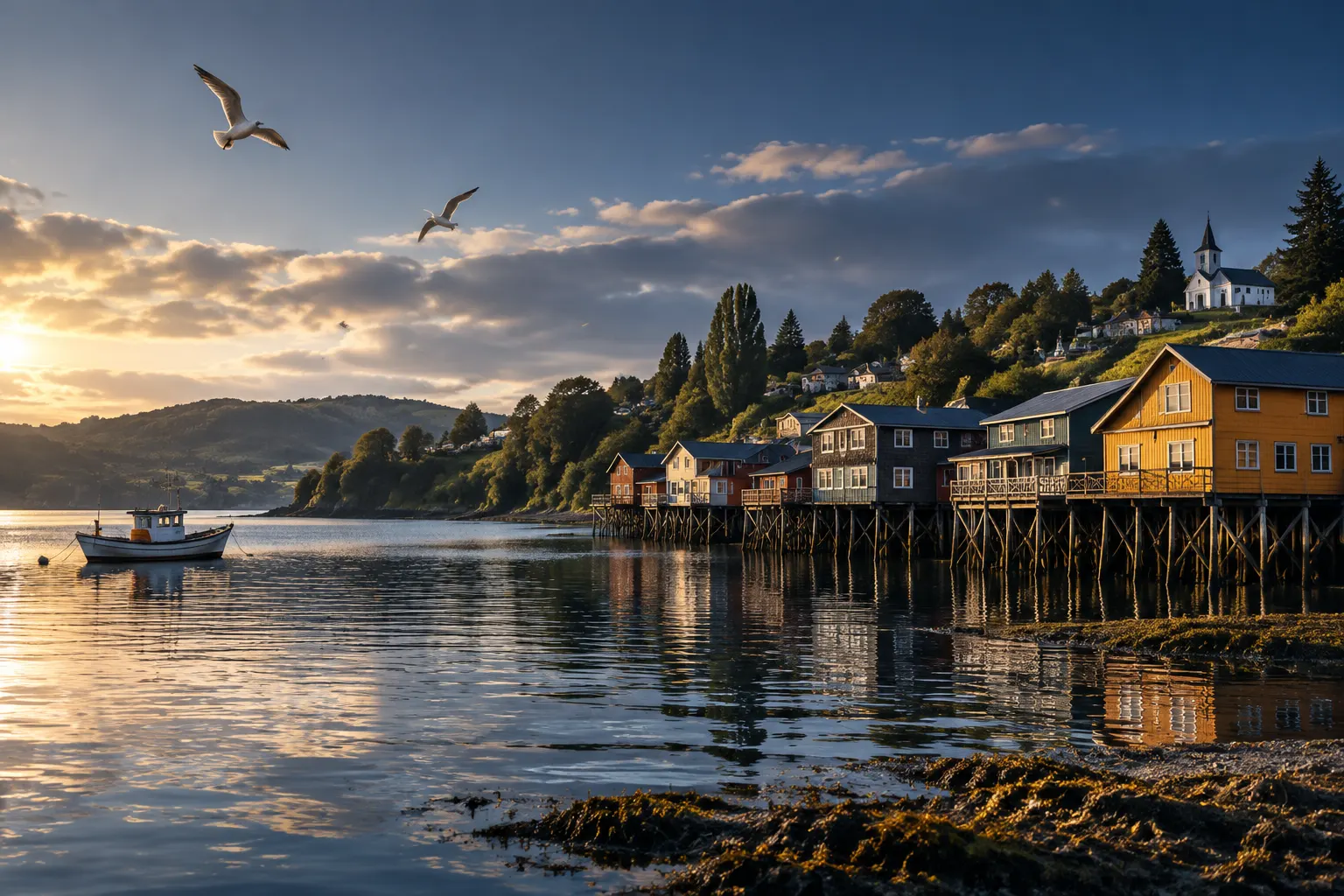 Paisaje panorámico de Chiloé con palafitos junto al mar, aves en vuelo y el paisaje verde del sur de Chile.