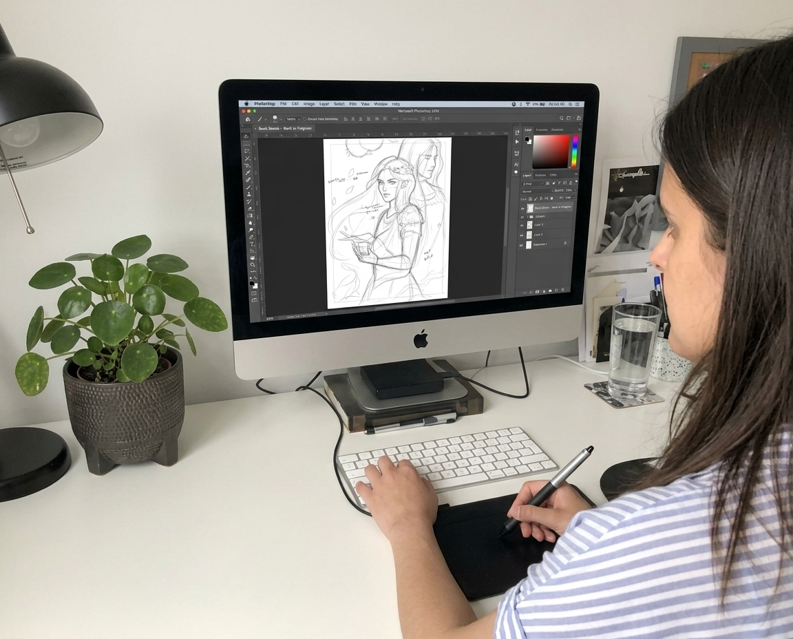 Jesi Suárez, directora creativa de Letras y Punto Editorial, trabajando en el diseño de la cubierta de un libro como parte del proceso de creación editorial de nuestra editorial en Chile.
