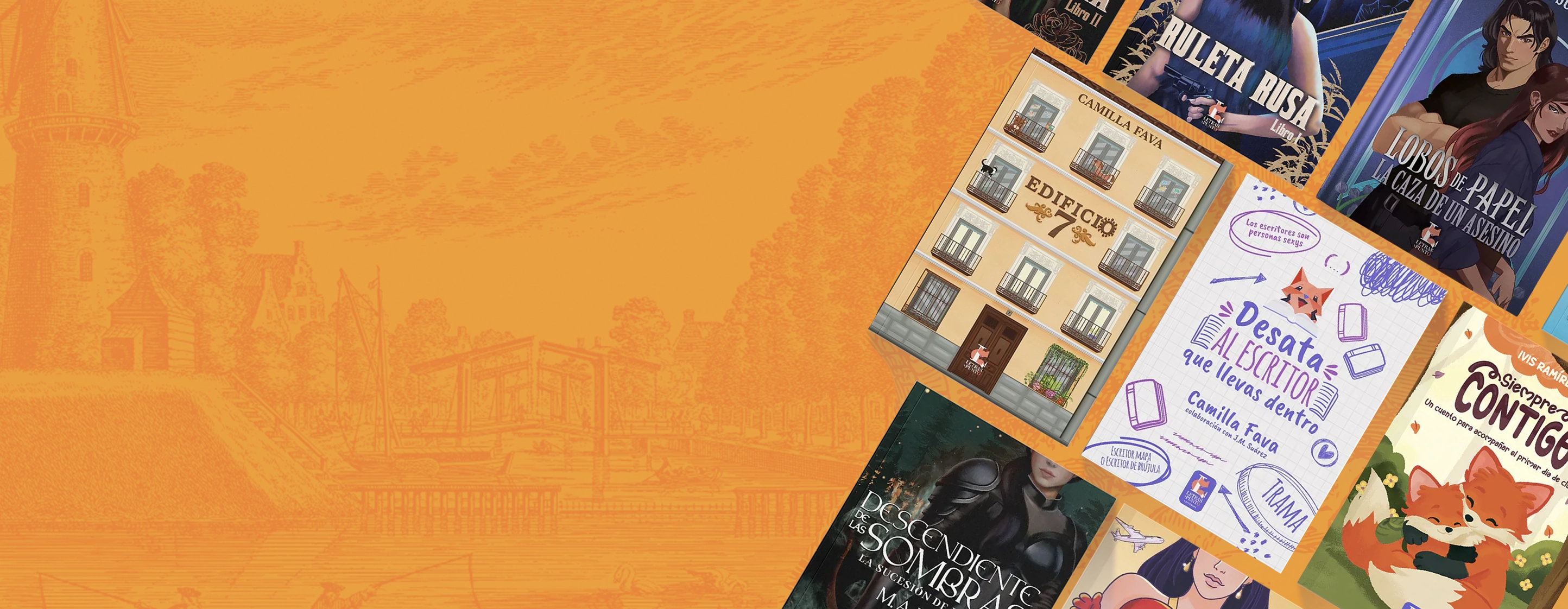 Banner principal para la versión móvil de la sección Libros de Letras y Punto Editorial, editorial en Chile que reúne novelas, cuentos y obras de diversos géneros literarios publicadas por autores nacionales e internacionales.