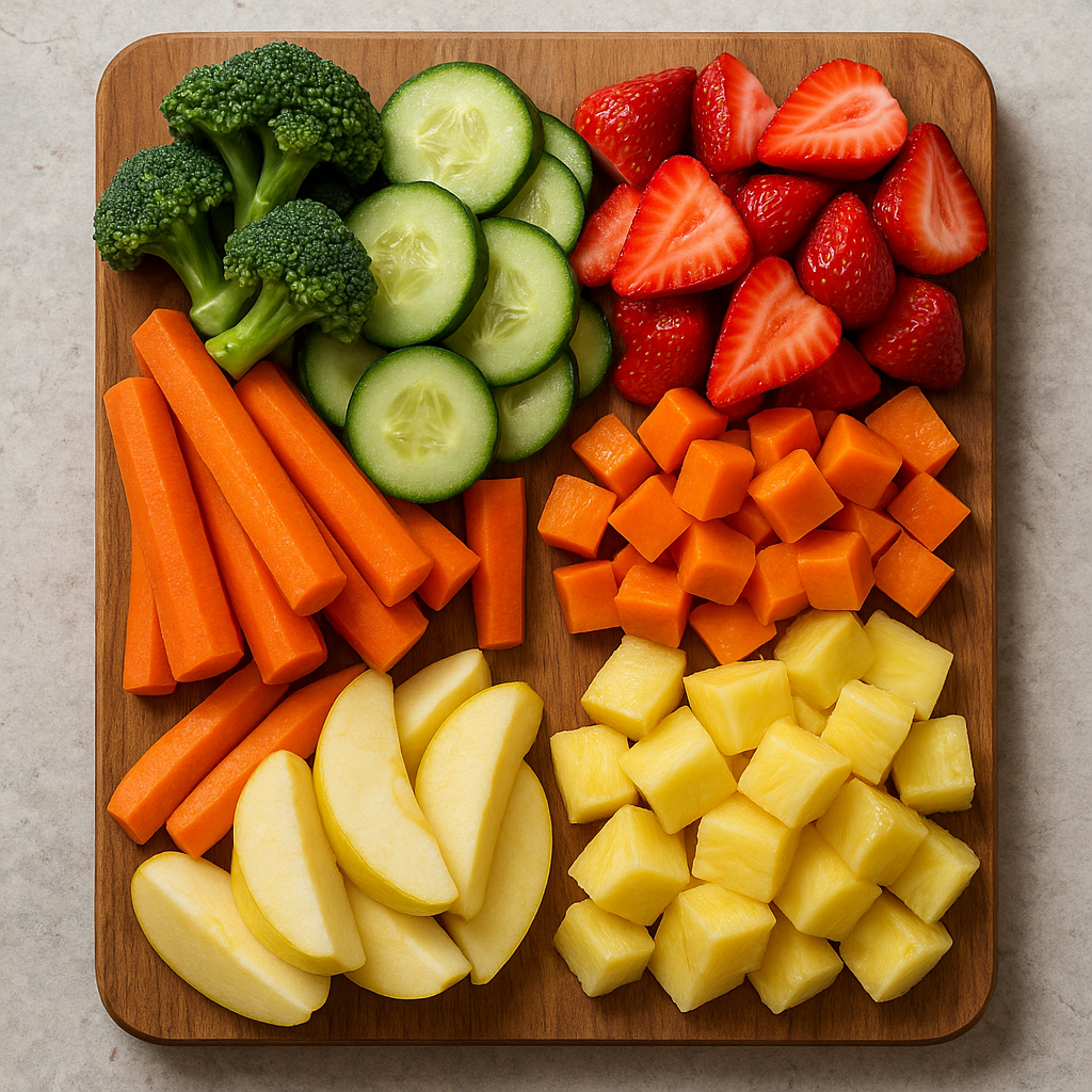 Frutas y verduras; peladas, lavadas, cortadas y envasadas.