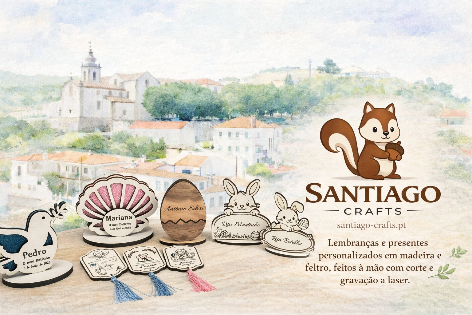 Lembranças e presentes personalizados em madeira e feltro, feitos à mão com corte e gravação a laser.