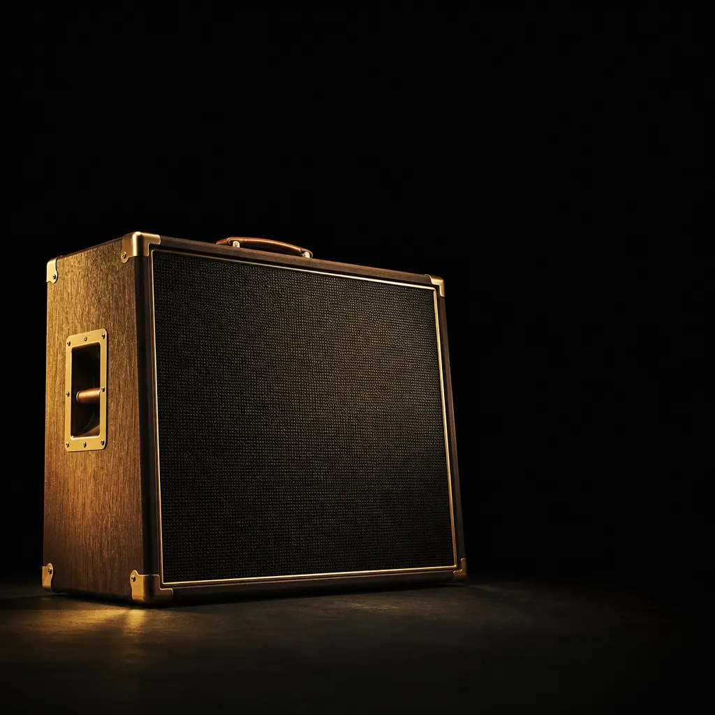 Gabinete de guitarra visto de baixo, com estrutura imponente e espaço escuro ao redor.